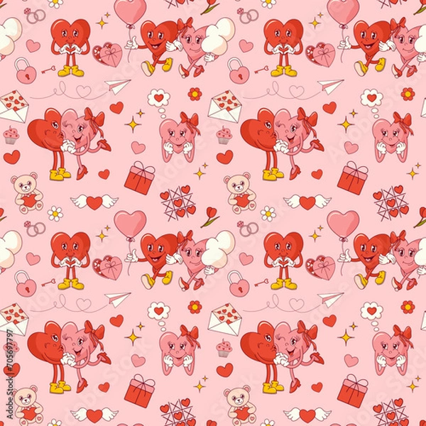 Fototapeta Seamless pattern with groovy hearts for Valentine's Day