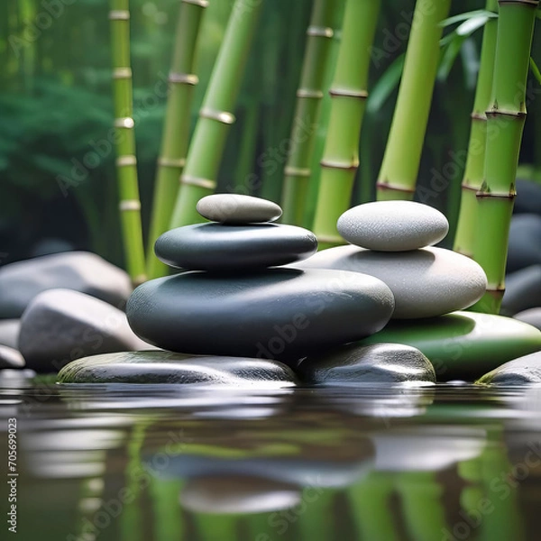 Fototapeta Stacked stones on green bamboo background, empty copy space, background for spa and relaxation,
