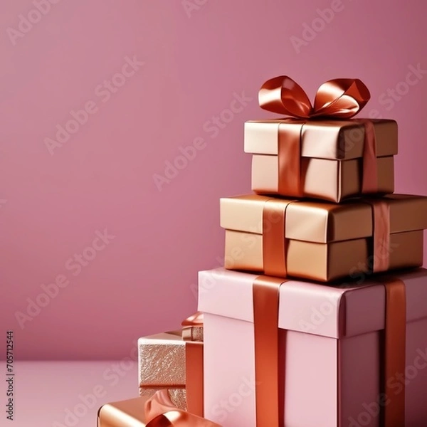 Fototapeta gifts in boxes with a bow on a pink background. festive background.
