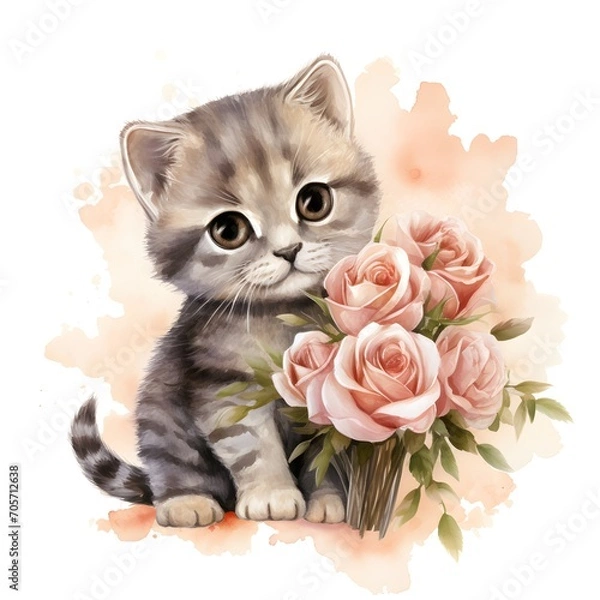 Fototapeta VALENTINE WITH A CUTE kitten. Funny cat for Valentine's Day with illustrations of hearts and flowers.