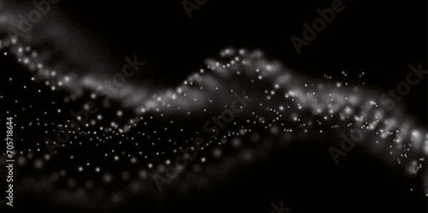 Fototapeta Dynamic white particle wave. Abstract sound visualization. Flow digital structure. Mesh landscape or grid data technology.