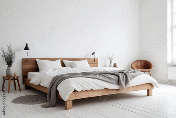 Fototapeta Rustic wooden bed against empty white wall with copy space. Scandinavian loft interior design of modern bedroom