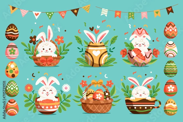 Fototapeta Set of Easter elements in flat style