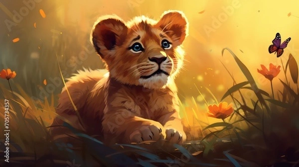 Obraz A lion cub lying in grass

