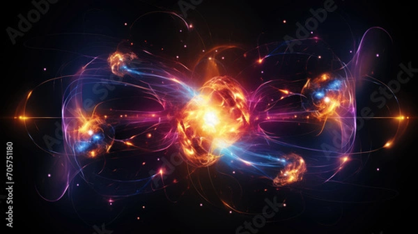 Fototapeta Scientific concept of depicting the fusion of two atoms. Sci-fi background. Quantum physics. Generative AI