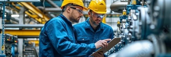 Fototapeta Industrial Teamwork in Manufacturing Plant.
Industrial workers with clipboard in factory setting.