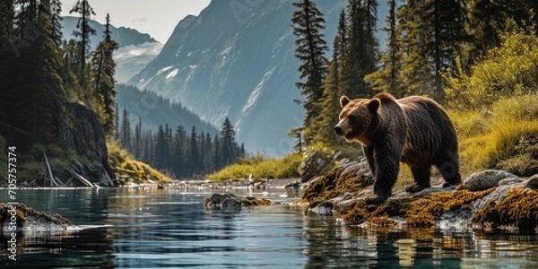 Obraz grizzly bear standing on a river in a forest, mountainous vistas