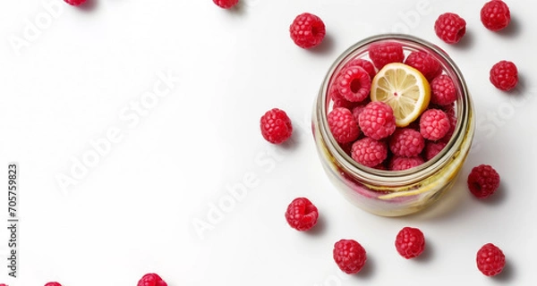 Fototapeta raspberry and lemon jam in a glass jar on a white background , top view
