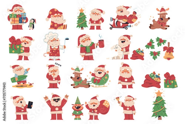 Obraz Cute Santa Claus characters and Christmas elements vector cartoon set.