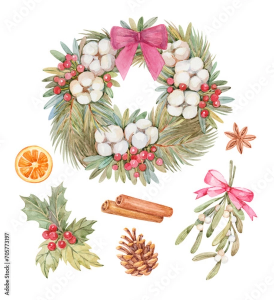 Obraz New Year, Christmas set of watercolor illustrations: Christmas wreath with fir branches and cotton, sprigs of mistletoe, spices.