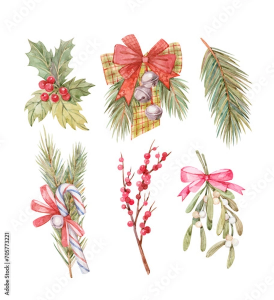 Obraz A set of watercolor illustrations with spruce branches decorated with ribbons and bells, mistletoe sprigs with berries. New Year's and Christmas decorations.
