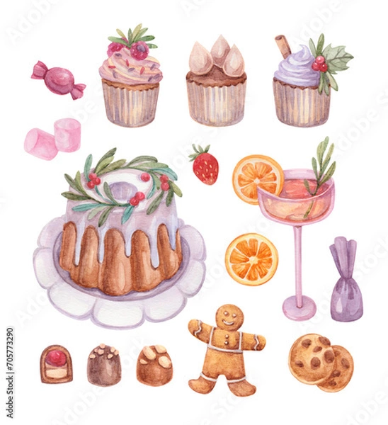 Obraz A set of illustrations of New Year's and Christmas sweets drawn in watercolor: candies, cupcakes, marshmallows, Christmas cake, gingerbread man, cookies, cocktail.
