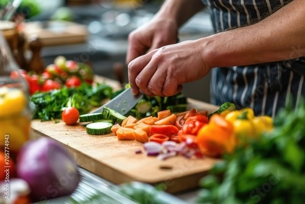 Fototapeta vegetables getting chopped on a desk in bright kitchen 
