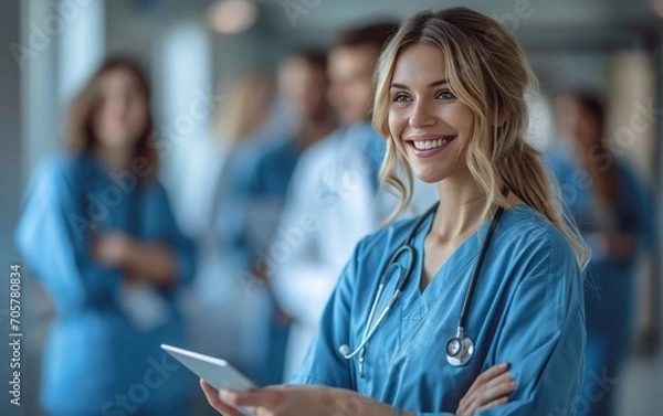 Fototapeta Digital tablet, collaboration and team of doctors analyzing results or diagnosis of patient in clinic.