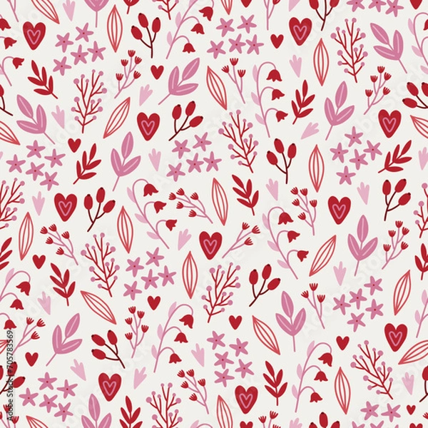 Obraz Valentine's Day seamless pattern with flowers, leaves, berries and hearts