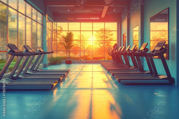 Fototapeta a photo of a interior of a modern fitness center gym club with a workout room with treadmills on a sunny day in the morning.