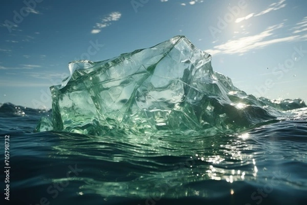 Fototapeta  a large iceberg floating on top of a body of water under a blue sky with wispy clouds and sun shining on top of the water and bottom of the ice.