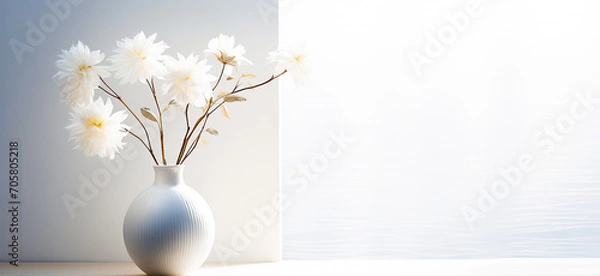 Fototapeta Abstract background. With a white vase with fluffy willow buds against the background of a white window. spring and easter concept