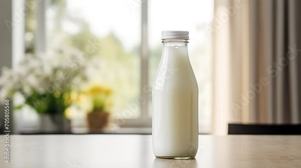 Fototapeta bottle of milk on the table in a bright kitchen, copy space