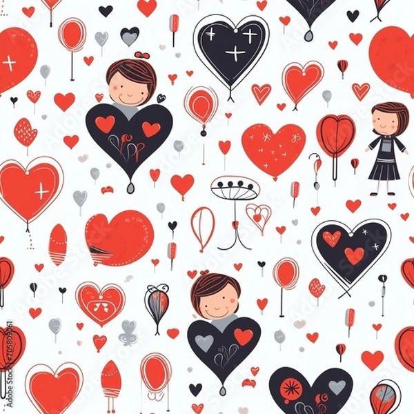 Obraz seamless pattern with red hearts and a little girl