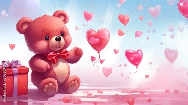 Obraz A bear with pink heart balloon and gift