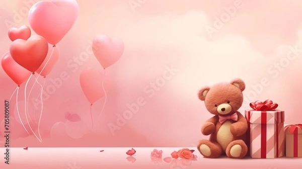 Obraz A bear with pink heart balloon and gift