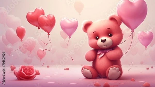 Obraz A bear with pink heart balloon