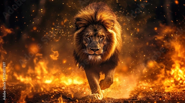 Obraz Lion walking through fire.