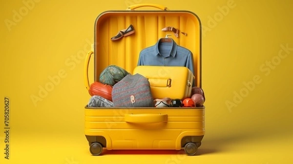 Obraz Wanderlust Dreams: Packed Suitcase with Travel Essentials on Vibrant Yellow Background, Ready for Adventure and Holiday Getaway Planning.