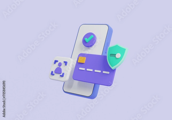 Fototapeta Credit card with shield protection and Identification icon on mobile phone. Payment protection concept. Secure credit card transaction, mobile payment, finance, mobile banking. 3d render illustration