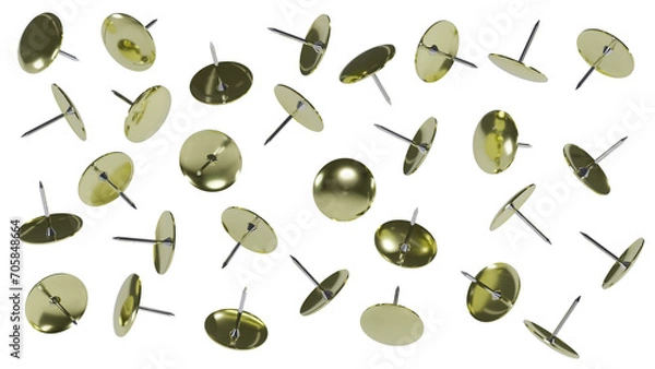 Fototapeta Falling metal push pins isolated on transparent and white background. Office concept. 3D render