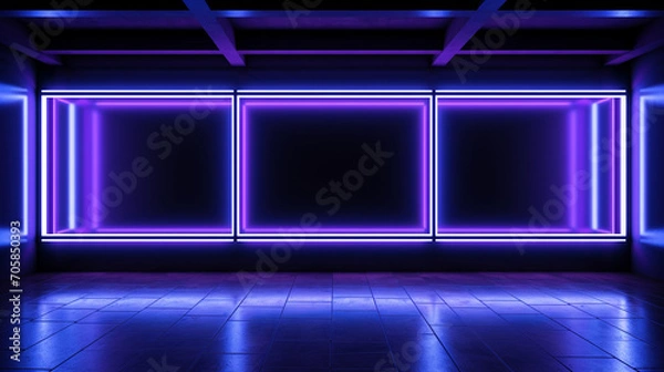 Fototapeta Dark room interior with purple glowing neon. Laser linear shape glowing in the dark. Modern corridor or nightclub design. Generative AI