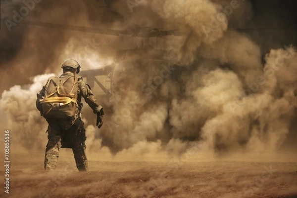 Fototapeta Military soldier running to helicopter in battlefield 