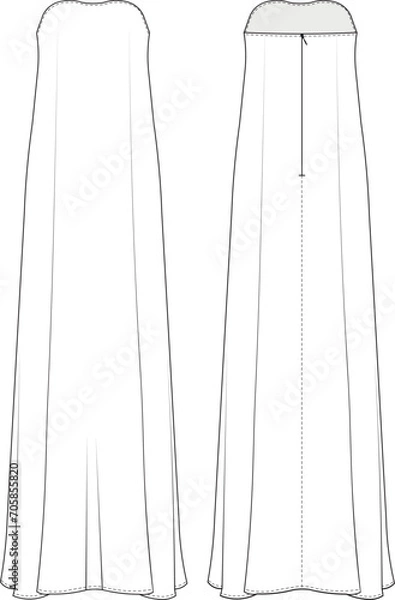 Fototapeta strapless sleeveless sheath long maxi dress template technical drawing flat sketch cad mockup fashion woman design style model