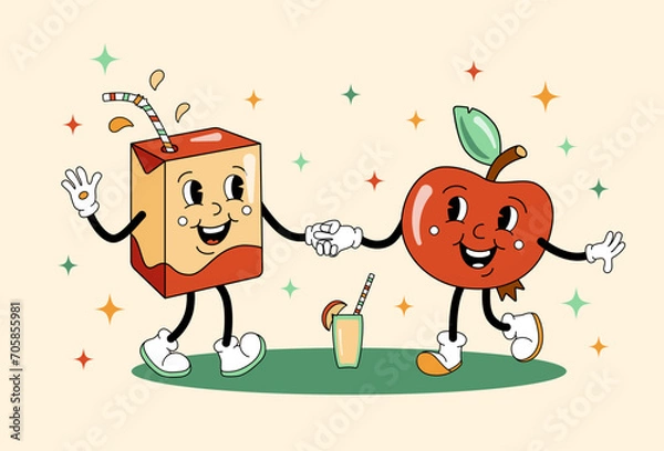Fototapeta Comic flat Apple and Juice Pack with face on decorated background. Vector cartoon illustration in retro style of fresh fruit and drink. Vintage image of cute characters with smile for poster or banner