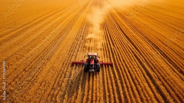 Fototapeta An aerial view of a tractor plowing a vast, golden field in preparation for planting. [Aerial plowing perspective]