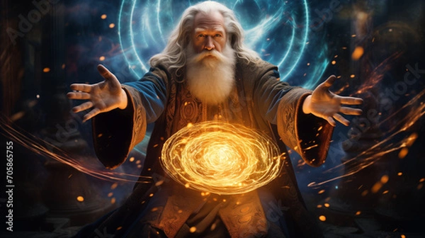 Fototapeta A photo captures a wizard's spell casting, where a colorful vortex of energy emerges, revealing the mystical power harnessed through ancient incantations.