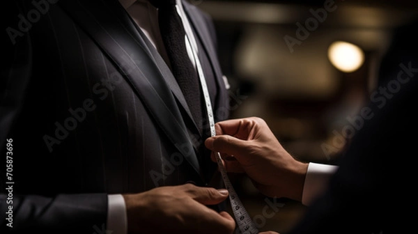 Fototapeta A photo captures a tailor measuring a suit with meticulous attention, ensuring a perfect fit and showcasing the art of bespoke tailoring.
