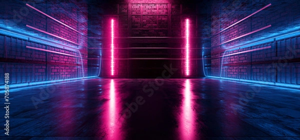 Obraz Alien Grunge Futuristic Cyber Sci Fi Modern Concrete Warehouse Corridor Tunnel Studio Stage Underground Hangar Blue Purple Vibrant Lasers Neon Lights 3D Rendering