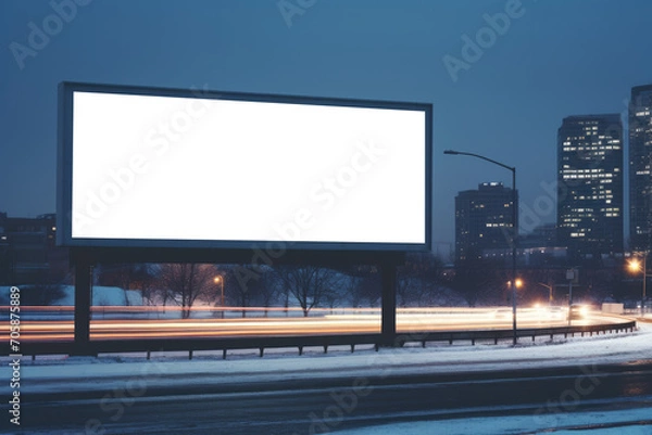 Obraz solitary billboard towers above a city highway, its surface bare against the backdrop of a foggy evening commute
