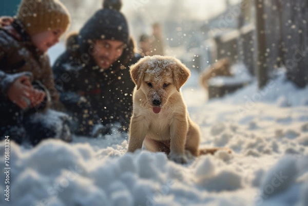Fototapeta Puppy Enjoying First Snow with Children.