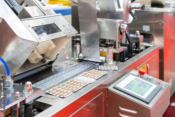 Obraz close up capsule in plastic packaging after process by automatic continuous blister packing machine in pharmaceutical or food industrial