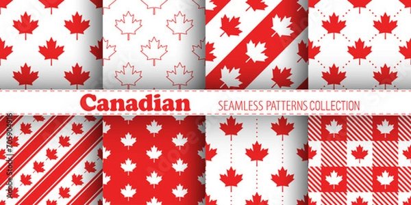Fototapeta Canadian vector seamless patterns collection. Red maple leaves and stripes on white background. Best for textile, wallpapers, wrapping paper, package and festive decoration.