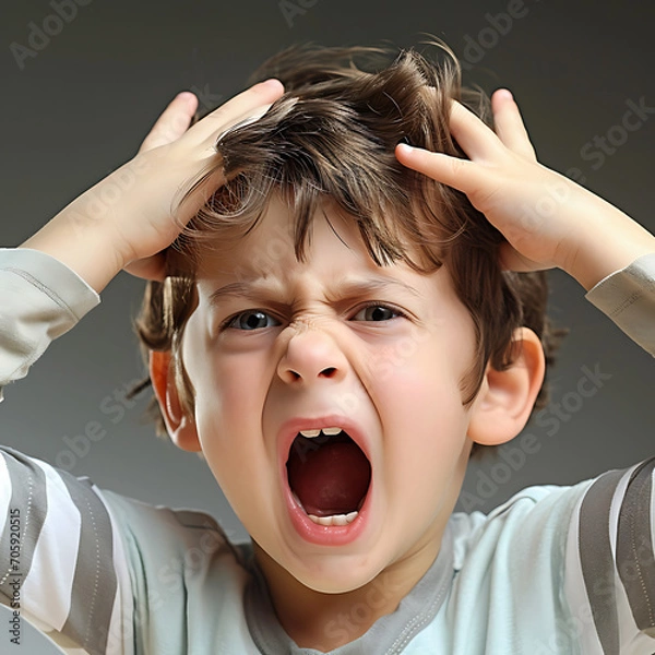 Fototapeta Portrait of screaming angry kid, grey background, AI Generated
