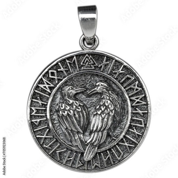 Fototapeta Silver pendant. Helmet of horror. Runic compass, futhark, runes, ravens and wolves of one. Viking style. Nordic tradition. Amulet. Valknut. Asatru Valhalla and Asgard.