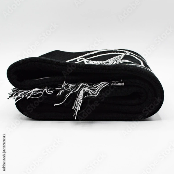 Fototapeta Black scarf with embroidered pentagram and 666. Occult, Satan, Devil, Baphomet. Mythology, occult tradition. Accessory for metalheads, punks, rockers, bikers, satanists, emo, street aggressive 