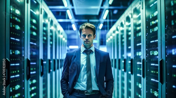 Fototapeta Businessman inspects server cabinets in a data center corridor
