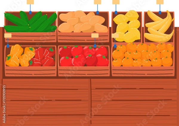 Fototapeta Wooden crates with fresh vegetables and fruits display. Market stall with tomatoes, bananas, oranges vector illustration. Grocery store fresh produce section concept.