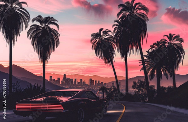 Fototapeta synthwave sports car on the road to the city concept rendering 