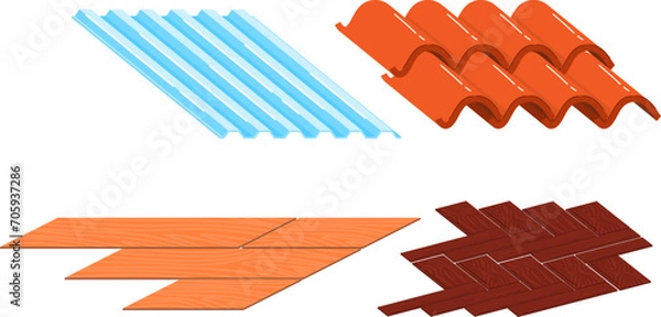 Obraz Set of various roofing materials metal, ceramic, wooden. Different textures and colors for construction vector illustration. Construction materials, roofing textures, building, architecture vector